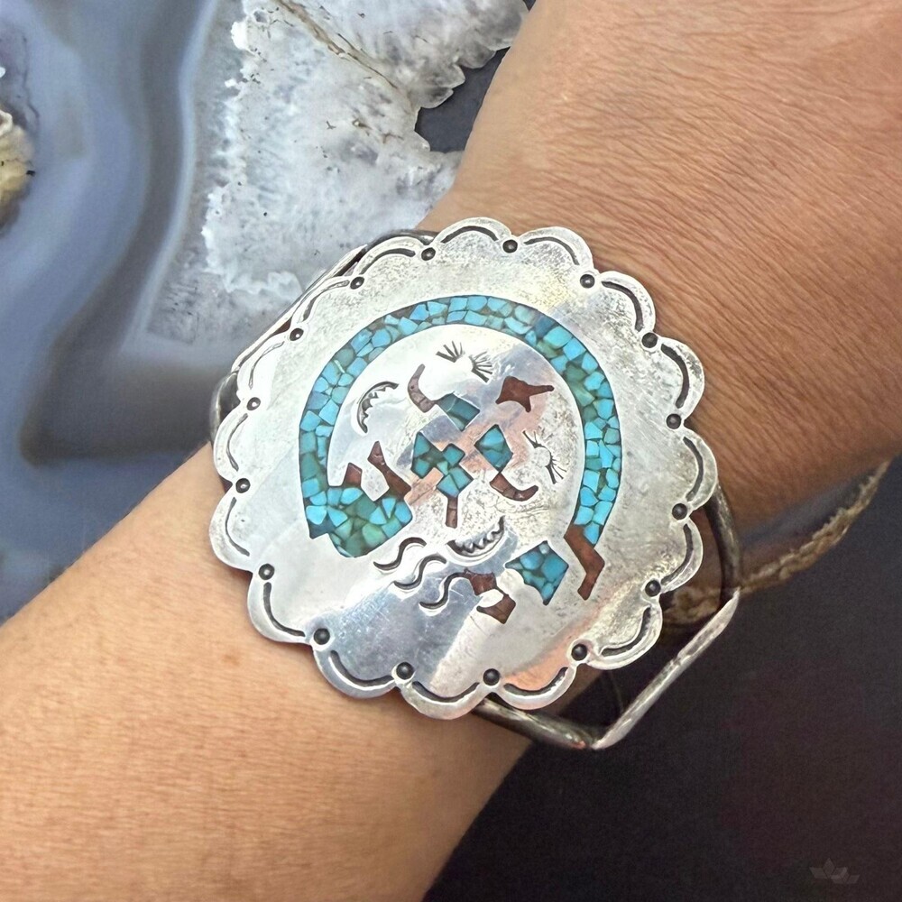 Vintage Native American Silver Turquoise & Coral Chip Inlay Bracelet For Women